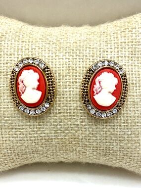 Gold-Tone Red Cameo Crystal Stud Earrings